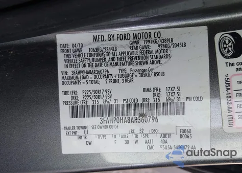 2010 Ford Fusion Se z USA, uszkodzony, nr VIN 3FAHP0HA8AR360796